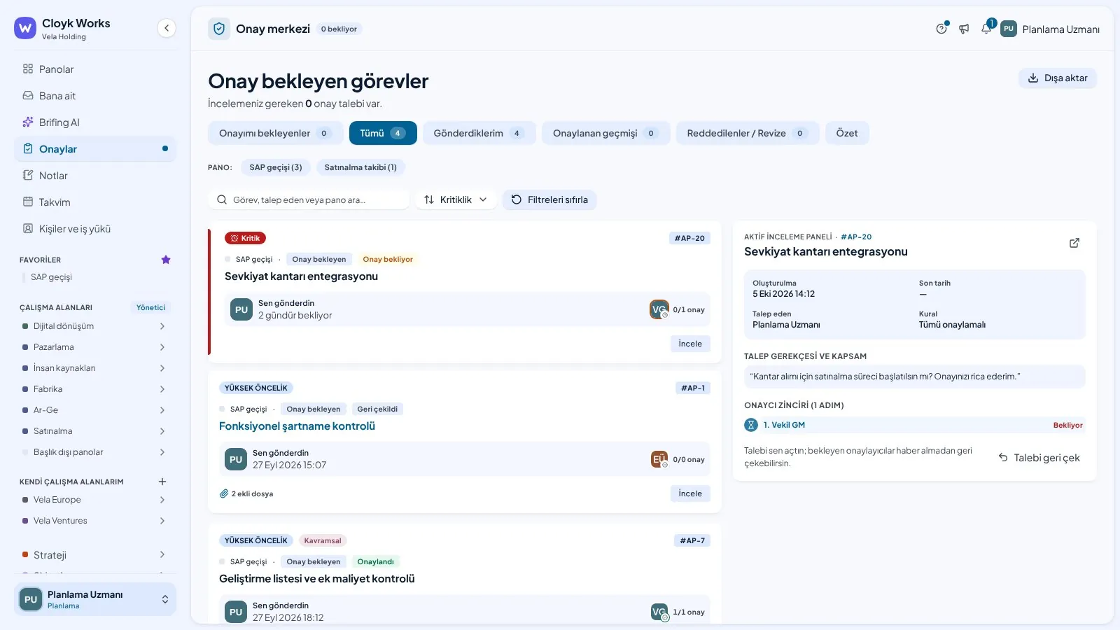 Onaylar ekranı: sekmeler, talep listesi ve sağda inceleme paneli