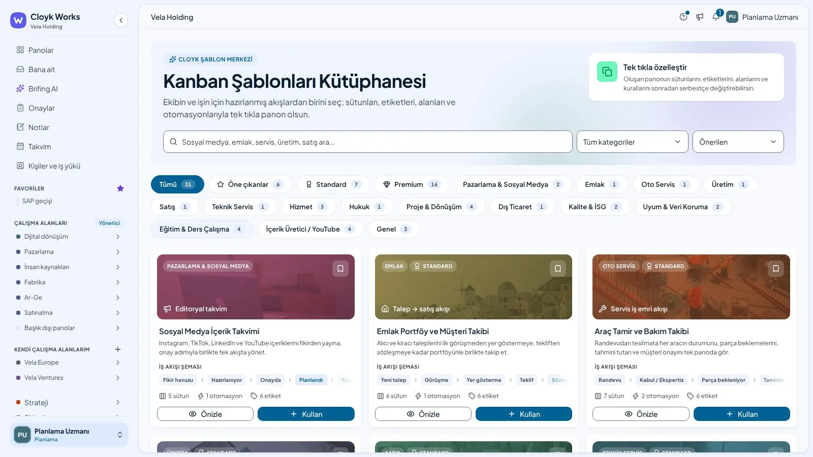 Kanban Şablonları Kütüphanesi: arama, kategoriler ve şablon kartları